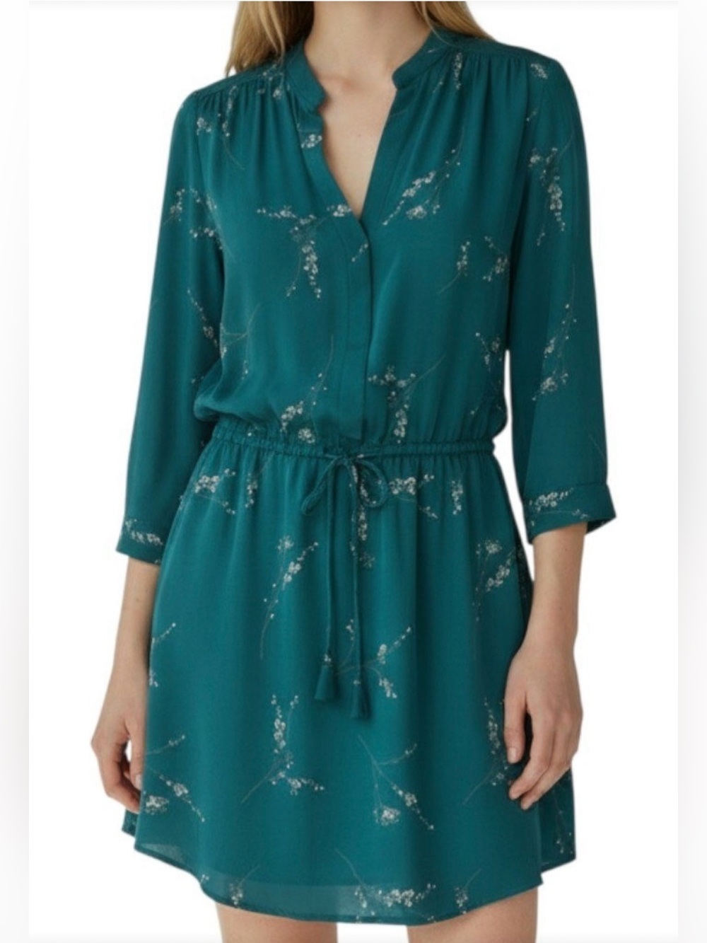 Babaton Aritzia 100% Silk Bennett Dress XXS Teal Long Sleeve Mini Shift Dress
